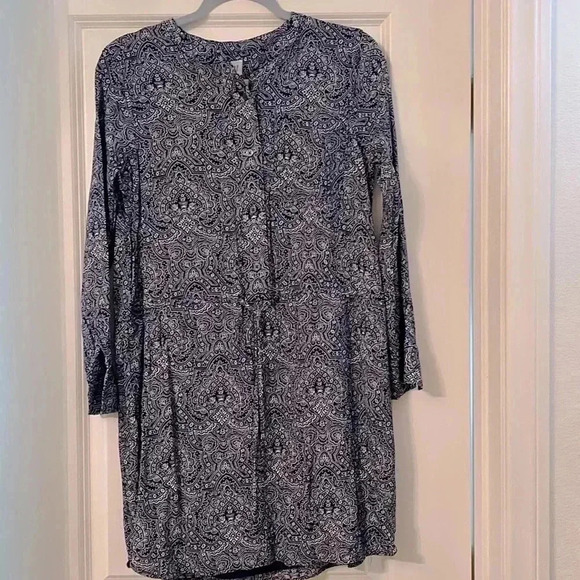 GAP MEDIUM PETITE BLUE AND WHITE DAMASK BOHO LONG SLEEVE DRESS - Picture 1 of 7
